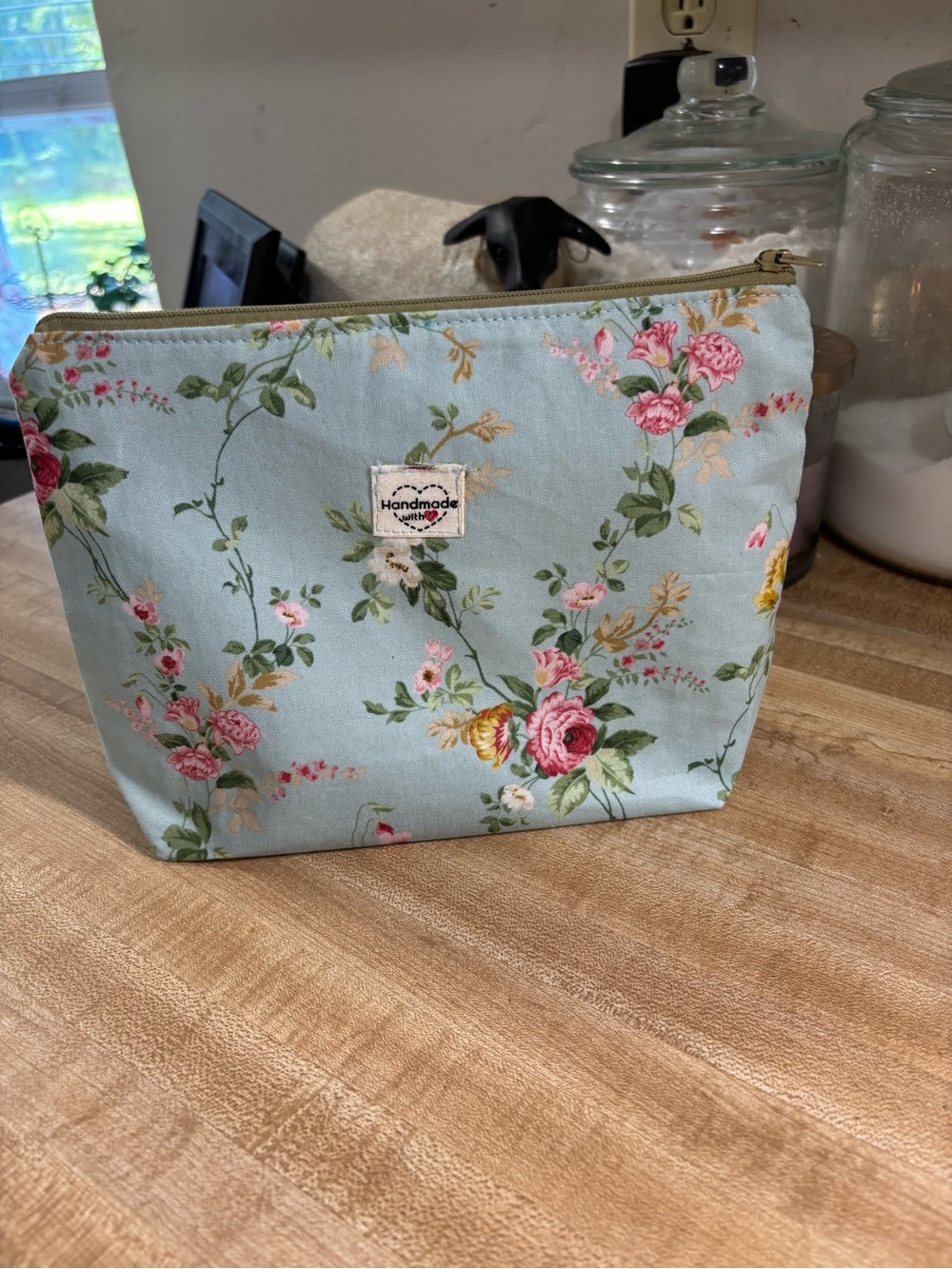 Floral Cosmetic Pouch - Light Blue handmade